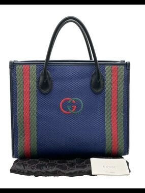 SALE! Authentic Gucci Interlocking G Sherry Line Cotton Leather Navy Tote W/DB
